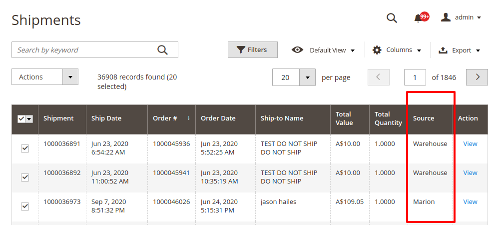 How to show source in shipment grid Magento 2 MSI